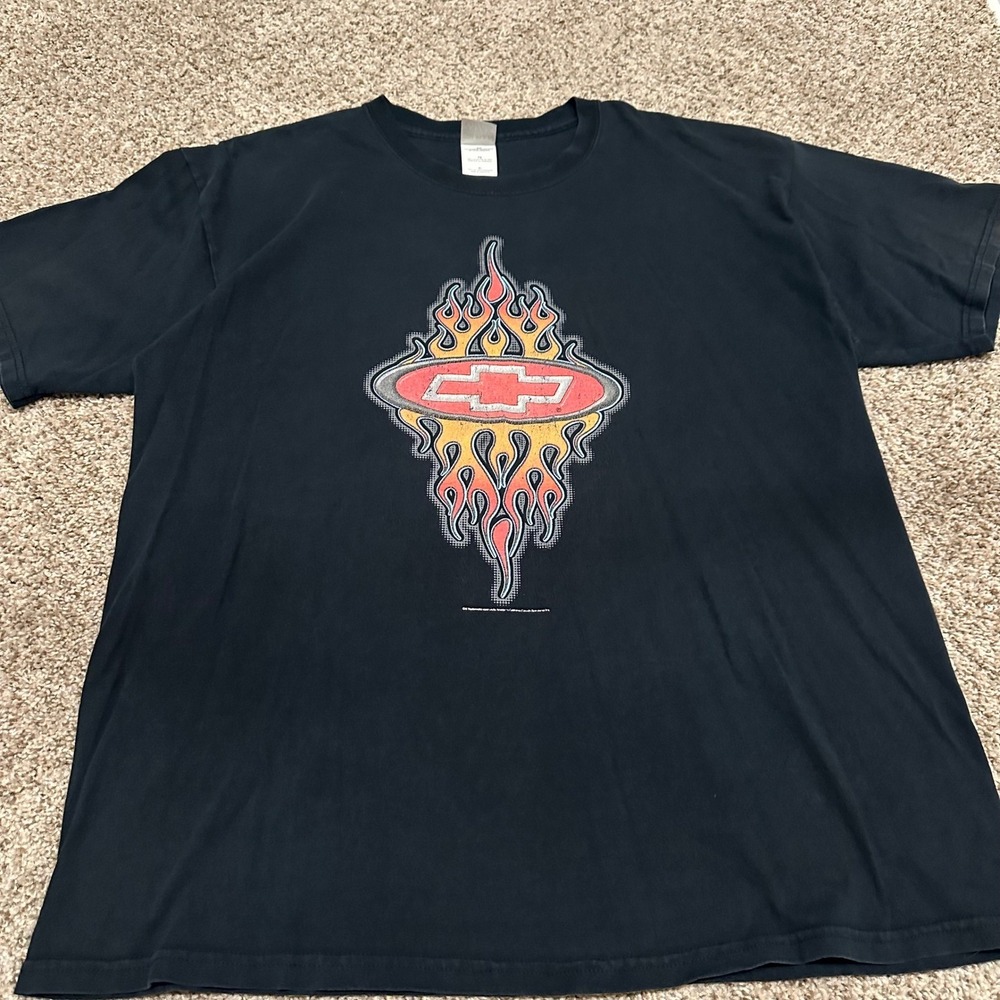 Chevrolet Mens T-Shirt XL Black Flames Logo Graphic Preowned Short Sleeve